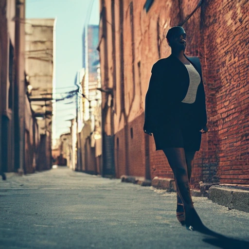 1 sexy girl, walking, brown skin, perfect breast, detailed face, tattoos, shadow effect, spotlight, city alley in the background, background blur, hyperrealistic, photografic, 8k, epic ambient light, octane render