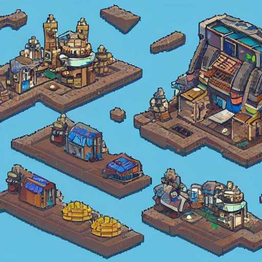 houses and shops with detailed architecture. old wrecked alien spaceships. pixel art asset sheet. isometric perspective. concept art. science fiction.