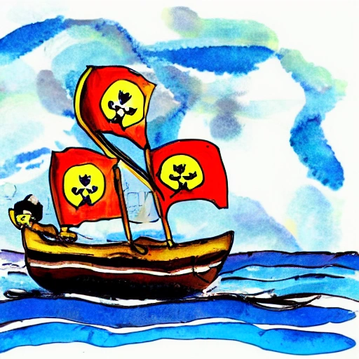 , Cartoon, pirate, smiling boat, Water Color