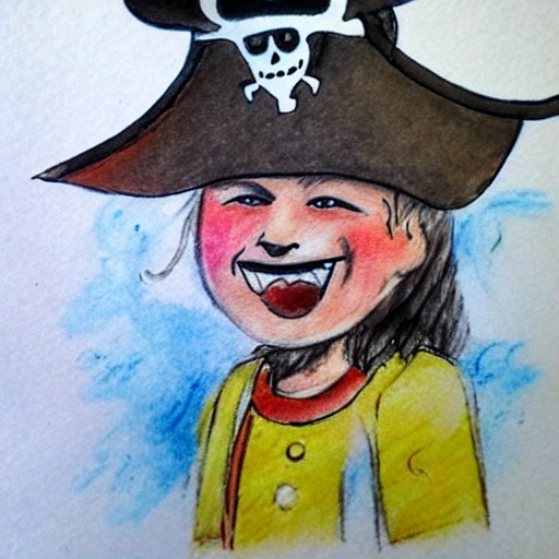  pirate, smiling, Water Color, Pencil Sketch, infantile 