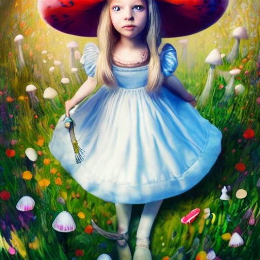 (portrait of Alice In Wonderland), ((young girl playing with a white bunny)), cute heartwarming friendship, blue eyes, (long floating hair), ((magical mushroom forest environment)), sunlight, dreamy atmosphere, (fantasy), intricate, highly detailed, sharp focus, low angle view, (centered image composition), professionally color graded, masterpiece, trending on artstation, hdr 4k, 8k, ((samdoesarts))