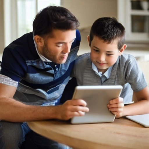 marketing image of son showing father how to use a tablet