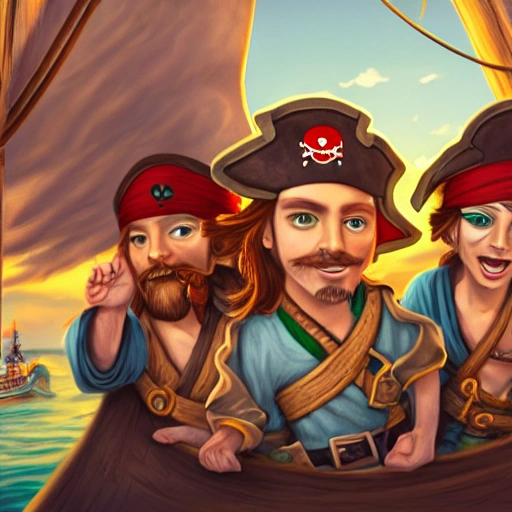 (portrait of pirates at sea), ((group of happy pirates)), cute heartwarming friendship, blue eyes, (pirate ship), ((magical emerald sea environment )), sunlight, dreamy atmosphere, (fantasy), intricate, highly detailed, sharp focus, low angle view, (centered image composition), professionally color graded, masterpiece, trending on artstation, hdr 4k, 8k, ((samdoesarts))