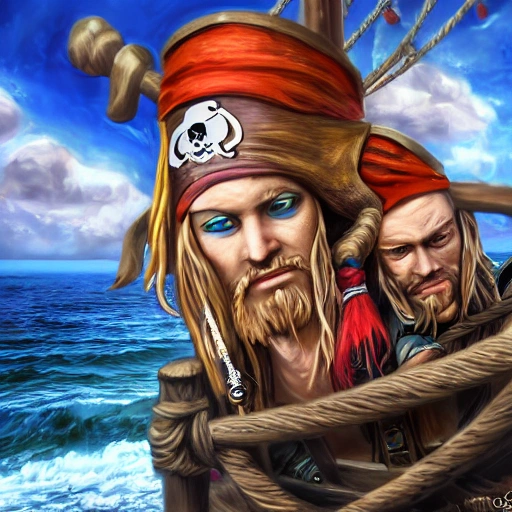 (portrait of pirates at sea), ((group of happy pirates)), cute heartwarming friendship, blue eyes, (pirate ship), ((magical emerald sea environment )), sunlight, dreamy atmosphere, (fantasy), intricate, highly detailed, sharp focus, low angle view, (centered image composition), professionally color graded, masterpiece, trending on artstation, hdr 4k, 8k, ((samdoesarts))