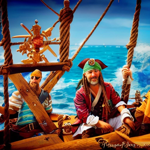 (portrait of pirates at sea), ((group of happy pirates)), cute heartwarming friendship, blue eyes, (pirate ship), ((magical emerald sea environment )), sunlight, dreamy atmosphere, (fantasy), intricate, highly detailed, sharp focus, low angle view, (centered image composition), professionally color graded, masterpiece, trending on artstation, hdr 4k, 8k, ((samdoesarts))