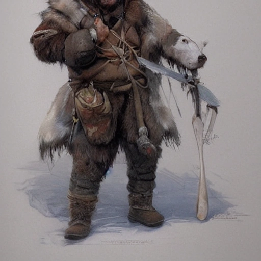 3D full-body portrait of an Eskimo Spear Hunter who looks like Nanook of the North, masterpiece, Ultra Detailed, character concept art by Jean Baptiste Monge.