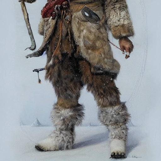 3D full-body portrait of an Eskimo Spear Hunter who looks like Nanook of the North, masterpiece, Ultra Detailed, character concept art by Jean Baptiste Monge.