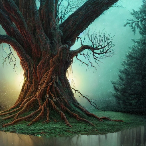 Prompt: Illustration of a surreal, otherworldly scene featuring a giant, detailed and intricate tree with beautiful lighting and realistic proportions, as if it were a cinematic background, by popular artists Jeremy Geddes and Zara Gonzalez Hoang, 4k, clean, realistic face, realistic eyes, highest quality, realistic hands, trending on artstation, masterpiece