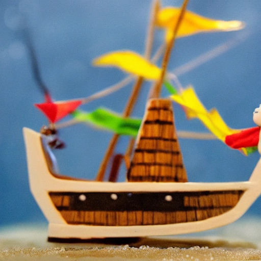 a cinematic film still of a claymation stop motion film, happy pirate ship in the sea, shallow depth of field, 8 0 mm, f 1. 8 