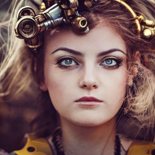 detailed, close up portrait of girl standing in a steampunk city with the wind blowing in her hair, cinematic warm color palette, spotlight, perfect symmetrical face