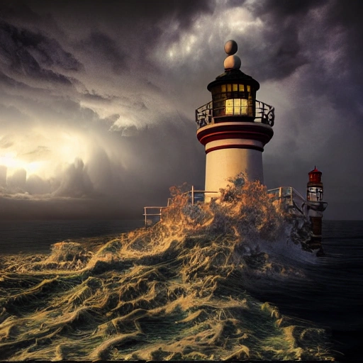The most enchanting, mystical lighthouse in the world, photorealistic and surrounded by a violently stormy sea. Against a thunder and lightening sky, 3d render, colorful, highly detailed, insane resolution, 8k, illustration, ink, pixar, bright, photorealistic, future, insanely detailed and intricate, unreal engine, smooth, zoomed-out, hyperrealistic
