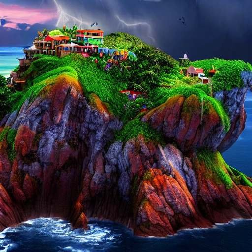 The most enchanting, mystical island in the world, photorealistic and surrounded by a violently stormy sea. Against a thunder and lightening sky, 3d render, colorful, highly detailed, insane resolution, 8k, illustration, ink, pixar, bright, photorealistic, future, insanely detailed and intricate, unreal engine, smooth, zoomed-out, hyperrealistic