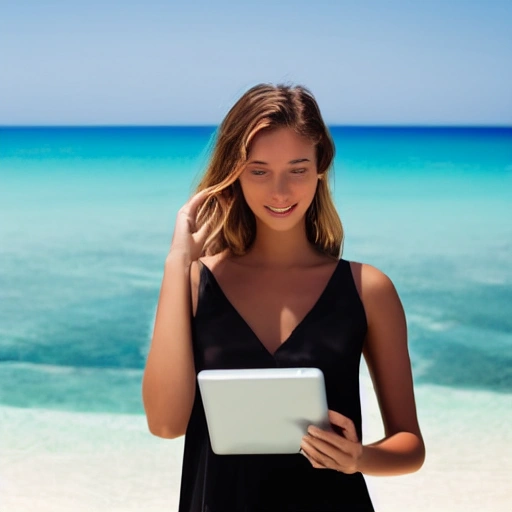 real looking beautiful young woman, on a white beach with white sand, crystal clear blue ocean, 8k, perfect detail, looks human, holding a tablet