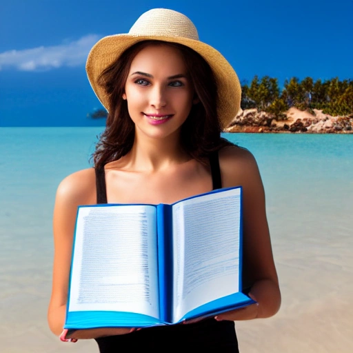 real looking beautiful young woman, on a white beach with white sand, crystal clear blue ocean, 8k, perfect detail, looks human, holding a book titled "Identity Protection", 