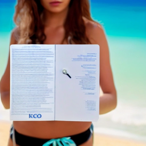 real looking beautiful young woman, on a white beach with white sand, crystal clear blue ocean, 8k, perfect detail, looks human, holding a piece of paper that says "Identity Protection", 