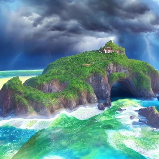 The most enchanting, mystical island in the world, photorealistic and surrounded by a violently stormy sea. Against a thunder and lightening sky, 3d render, colorful, highly detailed, insane resolution, 8k, illustration, ink, pixar, cel shaded, bright, photorealistic, future, insanely detailed and intricate, unreal engine, smooth, zoomed-out, hyperrealistic