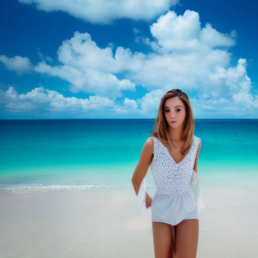 real looking photo of a beautiful young woman, on a white beach with white sand, crystal clear blue ocean, 8k, perfect detail, looks human, hdr, pretty face