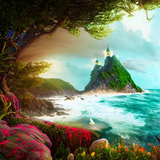The most enchanting, mystical island in the world, photorealistic and surrounded by a violently stormy sea. Against a thunder and lightening sky, 3d render, colorful, highly detailed, insane resolution, 8k, illustration, ink, pixar, cel shaded, bright, future, insanely detailed and intricate, unreal engine, smooth, zoomed-out, hyperrealistic