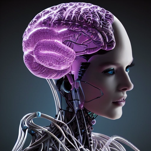 complex 3d render ultra detailed of a beautiful porcelain human brain, cyborg, robotic parts, 150 mm, beautiful studio soft light, rim light, vibrant details, luxurious cyberpunk, lace, hyperrealistic, cable electric wires, microchip, elegant, beautiful background, octane render, H. R. Giger style, 8k