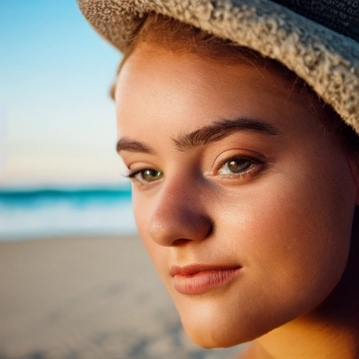 close up photo of a beautiful young woman, on a white sand beach