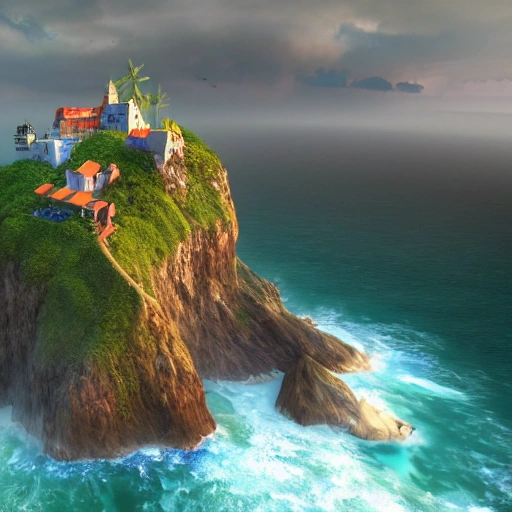 The most enchanting, mystical island in the world, photorealistic and surrounded by a violently stormy sea. Against a thunder and lightening sky, 3d render, colorful, highly detailed, insane resolution, 8k, illustration, ink, pixar, cel shaded, bright, future, insanely detailed and intricate, unreal engine, smooth, zoomed-out, hyperrealistic