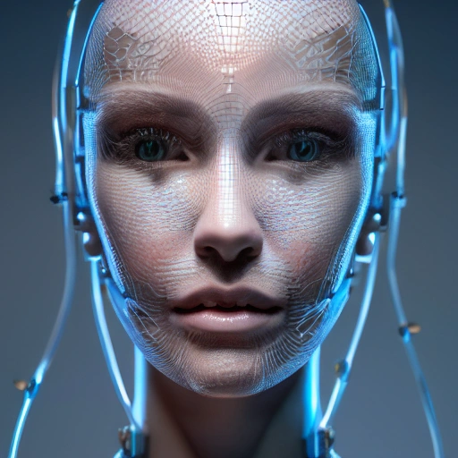 complex 3d render ultra detailed of a beautiful porcelain human face, cyborg, robotic parts, 150 mm, beautiful studio soft light, rim light, vibrant details, luxurious cyberpunk, lace, hyperrealistic, cable electric wires, microchip, elegant, beautiful background, octane render, H. R. Giger style, 8k