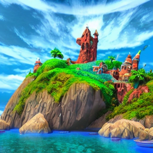 The most enchanting, mystical island in the world, photorealistic and surrounded by a deep blue sea. Fantasy, candy, Against a thunder and lightening sky, 3d render, colorful, highly detailed, insane resolution, 8k, illustration, ink, pixar, cel shaded, bright, future, insanely detailed and intricate, unreal engine, smooth, zoomed-out, hyperrealistic