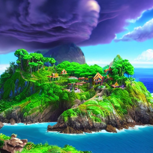 The most enchanting, mystical island in the world, photorealistic and surrounded by a deep blue sea. Fantasy, candy, Against a thunder and lightening sky, 3d render, colorful, highly detailed, insane resolution, 8k, illustration, ink, pixar, cel shaded, bright, future, insanely detailed and intricate, unreal engine, smooth, zoomed-out, hyperrealistic