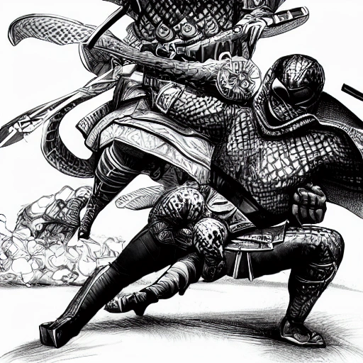 ultra detailed drawing of a superhero snake fighting a samurai warrior, 150 mm, beautiful studio soft light, rim light, vibrant details, hyperrealistic, elegant, 8k