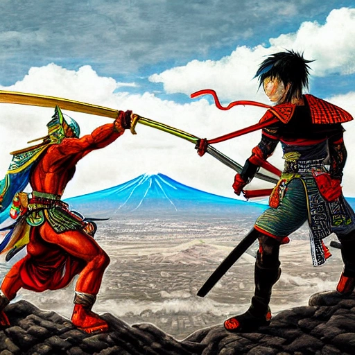 ultra detailed digital painting in the style of Yoshitaka Amano of a superhero snake, snake is fighting a samurai warrior, they are on top of mount fuji, beautiful studio soft light, rim light, vibrant details, hyperrealistic, elegant, 8k, 