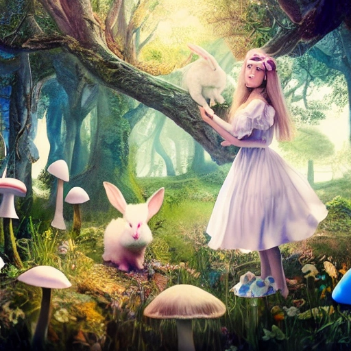 (portrait of Alice In Wonderland), ((young girl playing with a white bunny)), cute heartwarming friendship, blue eyes, (long floating hair), ((magical mushroom forest environment)), sunlight, dreamy atmosphere, (fantasy), intricate, highly detailed, sharp focus, low angle view, (centered image composition), professionally color graded, masterpiece, trending on artstation, hdr 4k, 8k, ((samdoesarts)), 3D