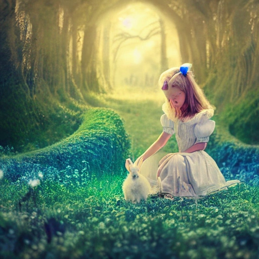 (portrait of Alice In Wonderland), ((young girl playing with a white bunny)), cute heartwarming friendship, blue eyes, (long floating hair), ((magical mushroom forest environment)), sunlight, dreamy atmosphere, (fantasy), intricate, highly detailed, sharp focus, low angle view, (centered image composition), professionally color graded, masterpiece, trending on artstation, hdr 4k, 8k, ((samdoesarts))