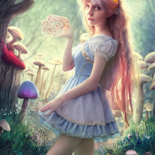 (portrait of Alice In Wonderland), cute heartwarming friendship, blue eyes, (long floating hair), ((magical mushroom forest environment)), sunlight, dreamy atmosphere, (fantasy), intricate, highly detailed, sharp focus, low angle view, (centered image composition), professionally color graded, masterpiece, trending on artstation, hdr 4k, 8k, ((samdoesarts))