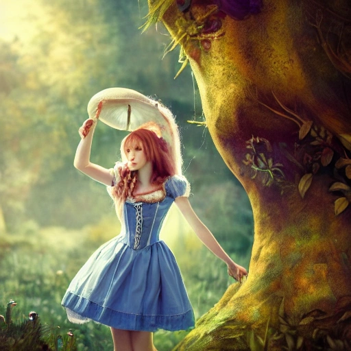 (portrait of Alice In Wonderland), cute heartwarming friendship, blue eyes, (long floating hair), ((magical mushroom forest environment)), sunlight, dreamy atmosphere, (fantasy), intricate, highly detailed, sharp focus, low angle view, (centered image composition), professionally color graded, masterpiece, trending on artstation, hdr 4k, 8k, ((samdoesarts))