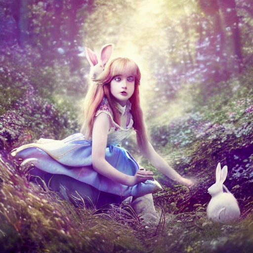 (portrait of Alice In Wonderland), ((young girl playing with a white bunny)), cute heartwarming friendship, blue eyes, (long floating hair), ((magical mushroom forest environment)), sunlight, dreamy atmosphere, (fantasy), intricate, highly detailed, sharp focus, low angle view, (centered image composition), professionally color graded, masterpiece, trending on artstation, hdr 4k