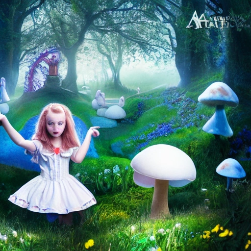 (portrait of Alice In Wonderland), ((young girl playing with a white bunny)), cute heartwarming friendship, blue eyes, (long floating hair), ((magical mushroom forest environment)), sunlight, dreamy atmosphere, (fantasy), intricate, highly detailed, sharp focus, low angle view, (centered image composition), professionally color graded, masterpiece, trending on artstation, hdr 4k