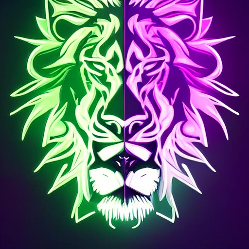 arcane style, neon, lion profile, digital art, 8k, 4:3 format, futuristic lion, animal, half body, floating head, upside down head, head turned upside down