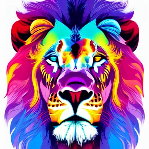 arcane style, vibrant colors, lion profile, digital art, 8k, 4:3 format, futuristic lion, animal, half body, floating head, upside down head, upside down head, inverted head