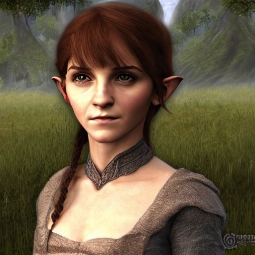 3D RPG full-body portrait of a Hobbit Female who looks like Emma Watson, masterpiece, Ultra Detailed, Hyper-realistic, character concept art by Lord of the Rings Online (LOTRO).