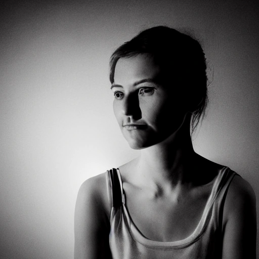 portrait of a woman, light streaming on her face while she poses in the darkness, chiaroscuro, photography