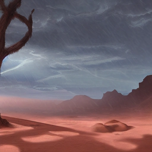 Eye level view of a Desert at dawn while raining, masterpiece, Ultra Detailed, Hyper-realistic, environment concept art by Geopunk.