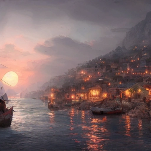 Eye level view of a Seaside village at dusk while overcast, masterpiece, Ultra Detailed, Hyper-realistic, environment concept art by God of War.