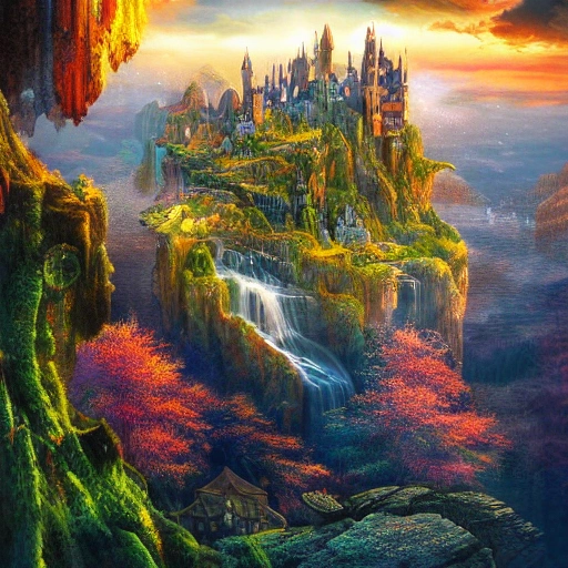 dream about a fantasy very detailed art world psychédélique, with castle in the sky and waterfall , deep color, 8k ultra, 3D