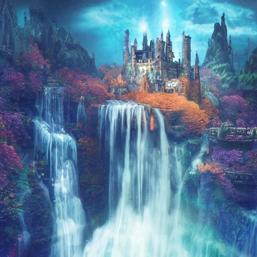 dream about a fantasy very detailed art world psychédélique, with castle in the sky and waterfall , deep color, 8k ultra, Trippy