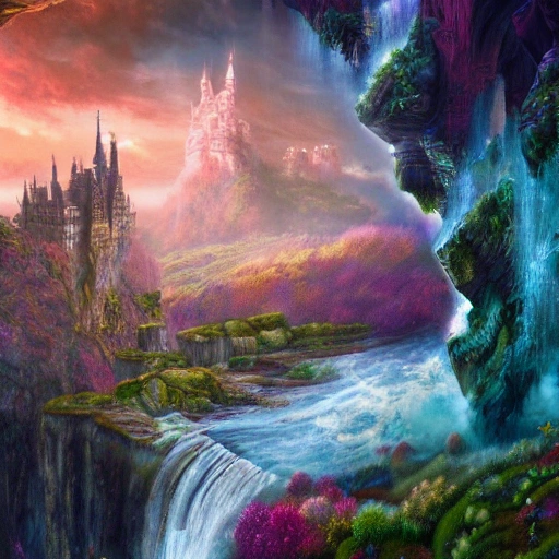 dream about a fantasy very detailed art world psychédélique, with castle in the sky and waterfall , deep color, 8k ultra, Trippy, 3D