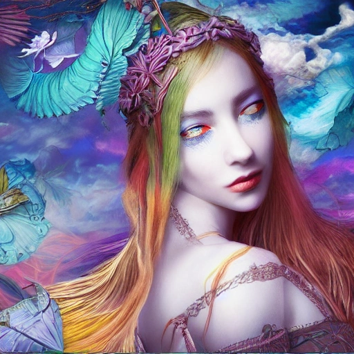 dream about a girl, in a fantasy very detailed art world psychédélique war in color; deep color, 8k ultra,, Trippy