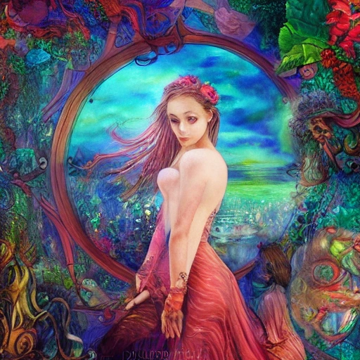 dream about a girl, in a fantasy very detailed art world psychédélique war in color; deep color, 8k ultra,, Water Color