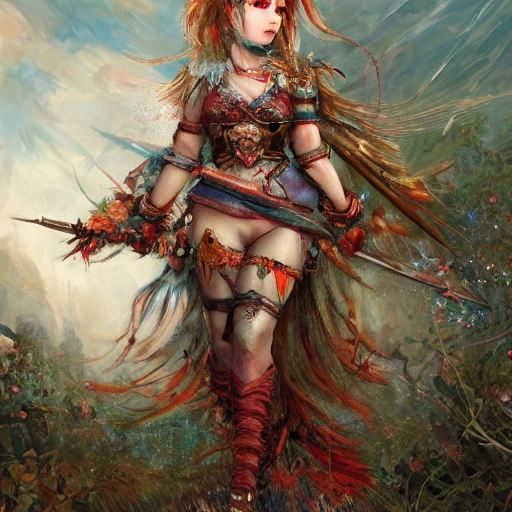 dream about a warrir girl with lot of fabric, in a fantasy world very detailed, art world psychédélique war in color; deep color, 8k ultra