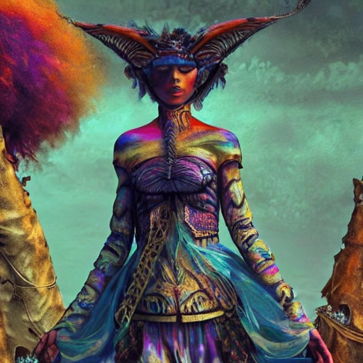 dream psychédélique about complet warrior girl with lot of fabric, in a fantasy world very detailed, art world psychédélique war in color; deep color, 8k ultra, Trippy