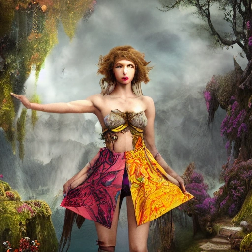 dream psychédélique about complet warrior girl with lot of fabric, in a fantasy world very detailed, art world psychédélique war in color; deep color, 8k ultra, , 3D